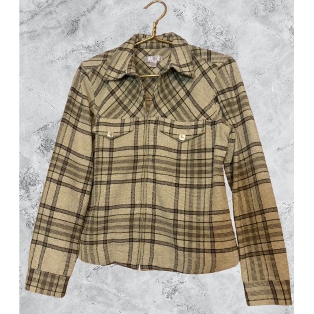 Christopher & Banks Plaid‎ Zip Front Jacket Tan Brown Olive Green Small